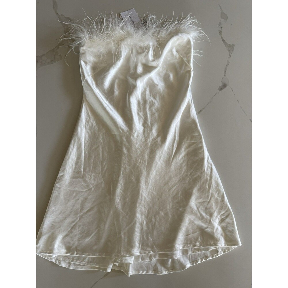 Moira Strapless Feather Trim Mini Dress Satin Bridal Party Bachelorette NYE S
